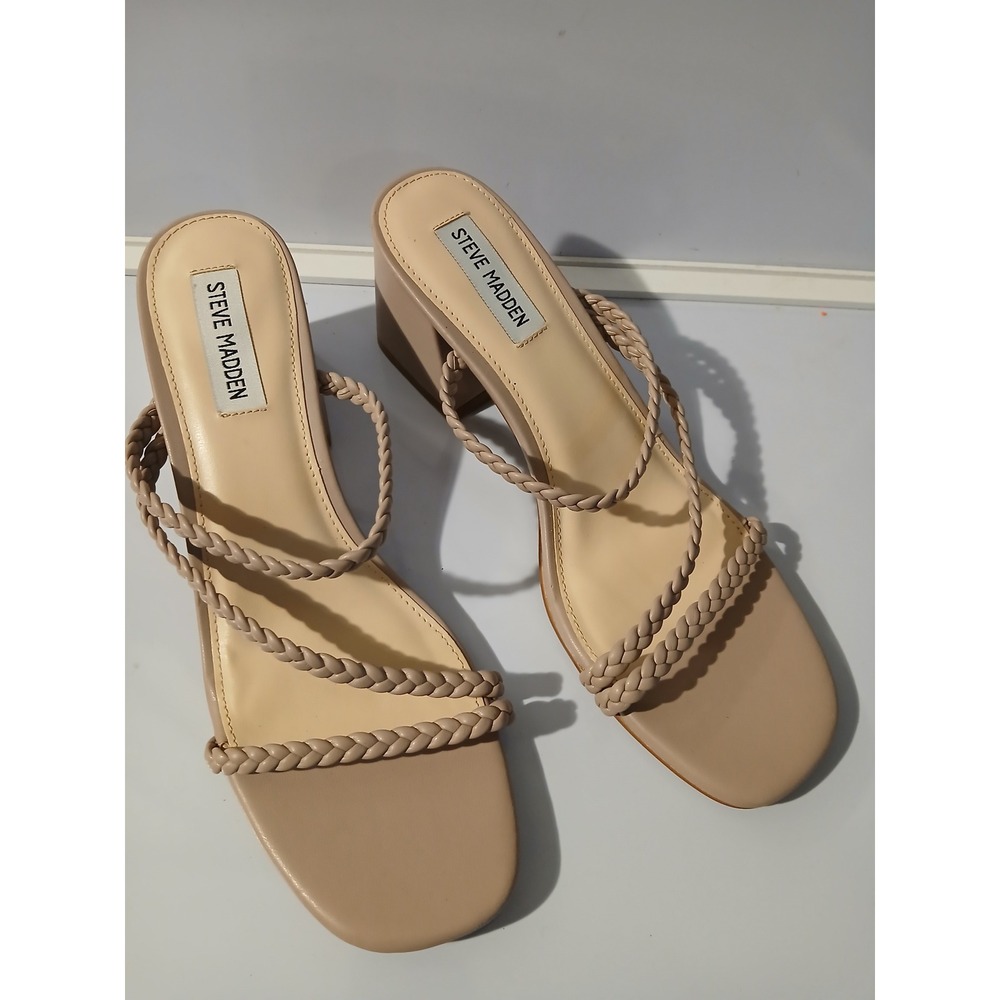 Steve Madden Braided Strap Block Heel Slide Sandals Nude Tan Women 9.5‎